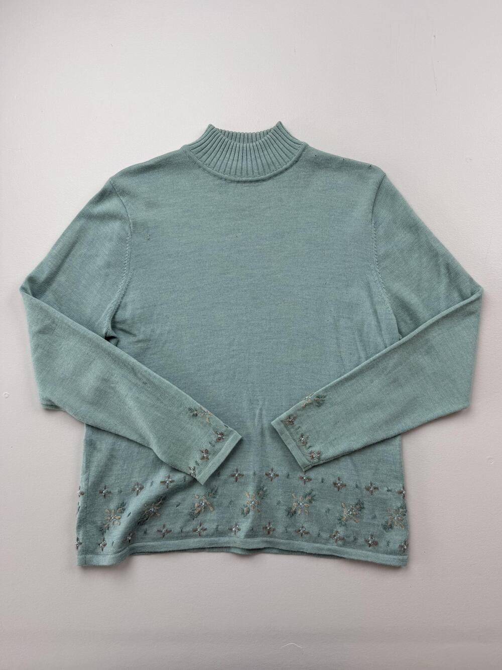 Vintage Pendleton Sweater Womens L Green Merino Wool Mock Neck Floral Beaded
